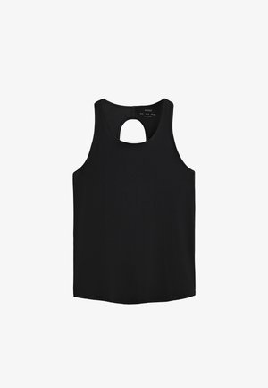 Musta ilmanhiha toppi, joka on valmistettu sileästä kankaasta, ja siinä on pyöreä seläntäyttö ja suora helma. Yksinkertainen muotoilu ilman lisäkuvioita.