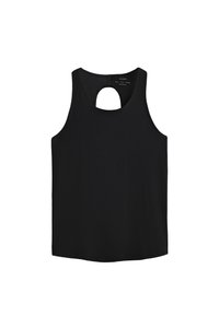 Top senza maniche nero realizzato in un tessuto morbido, con un'apertura rotonda sulla schiena e un orlo dritto. Design semplice senza ulteriori motivi.