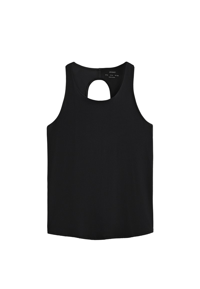 Top senza maniche nero realizzato in un tessuto morbido, con un'apertura rotonda sulla schiena e un orlo dritto. Design semplice senza ulteriori motivi.