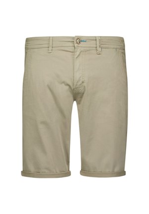 Beige katoenen shorts met opgerolde manchetten, voor sluiting met knoop en rits, riemlussen en een subtiele logo-accent near de tailleband.