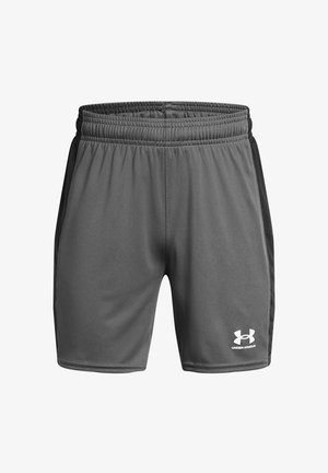 Graue Sportshorts aus glattem Stoff, mit elastischem Bund und schwarzen Seitendetails. Mit weißem Under Armour-Logo auf der unteren rechten Seite.