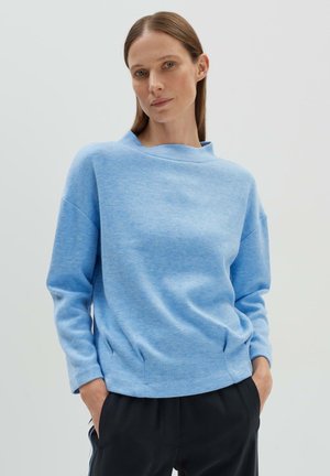 Light blue sweatshirt with a high neckline and long sleeves. Made of soft, textured fabric; features side seams and relaxed fit.