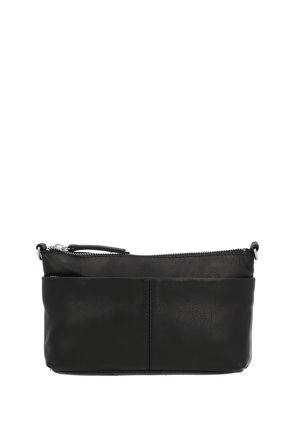 Black leather bag with a smooth texture, features a zippered top, and two front pockets. Compact design, minimal hardware accents.