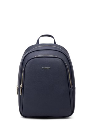 Navy faux leather backpack with a structured shape, dual zippered compartments, gold-tone hardware, and a top handle for carrying.