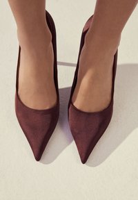 Bordo spalvos satininiai aukštakulniai bateliai su smailia nosimi ir lygiu paviršiumi, turi žemai iškirptus šonus ir elegantišką dizainą.