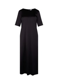 Czarna, sięgająca podłogi sukienka z gładkiej tkaniny, z krótkimi rękawami, okrągłym dekoltem i zamkiem błyskawicznym z tyłu.