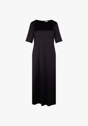 Czarna, sięgająca podłogi sukienka z gładkiej tkaniny, z krótkimi rękawami, okrągłym dekoltem i zamkiem błyskawicznym z tyłu.