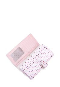 Pink wallet with a smooth exterior featuring a transparent ID window and a pattern of multicolored dots inside. Includes card slots and a snap closure.
