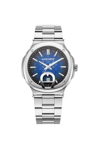 Sudraba nerūsējošā tērauda pulkstenis ar strukturētu zilu ciparnīcu, kas ietver stundu marķierus, datuma rādījumu pulksteņa 6 stundā un apļveida korpusa dizainu.