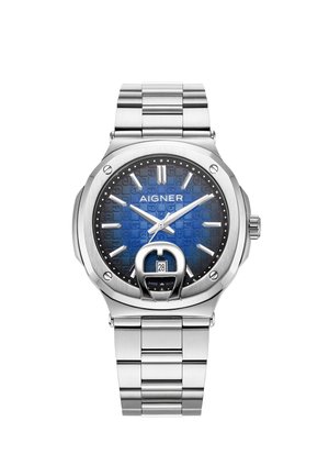 Zilveren roestvrijstalen horloge met een gestructureerde blauwe wijzerplaat, inclusief uurmarkeringen, datumaanduiding op 6 uur en een ronde kastontwerp.