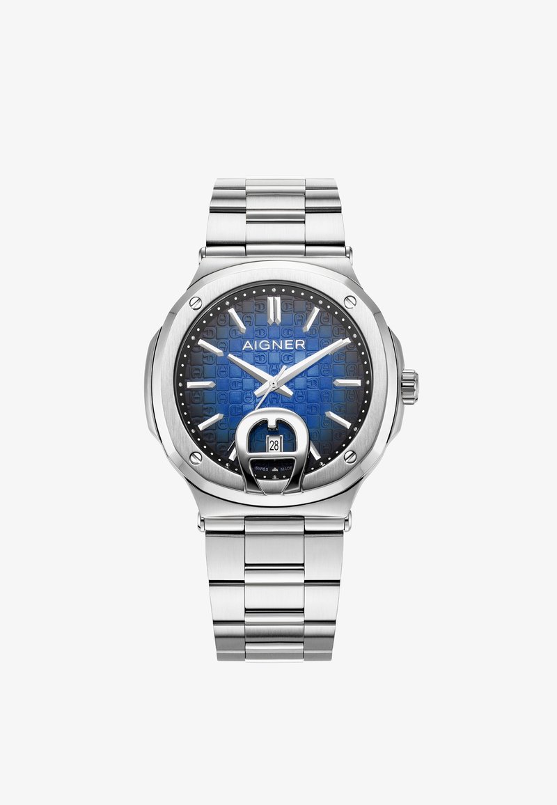 Sudraba nerūsējošā tērauda pulkstenis ar strukturētu zilu ciparnīcu, kas ietver stundu marķierus, datuma rādījumu pulksteņa 6 stundā un apļveida korpusa dizainu.