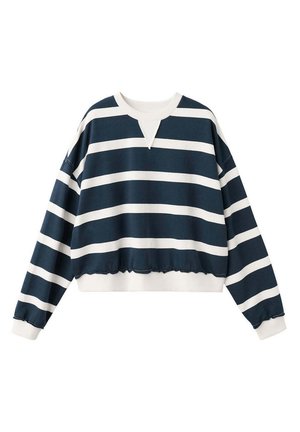 Felpa a manica lunga a righe orizzontali blu navy e bianca con polsini e orlo a costine, collo rotondo e piccolo dettaglio di cucitura a forma di V.