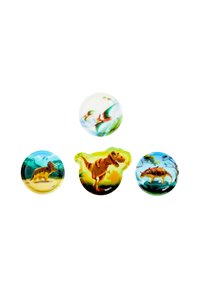 Ensemble de quatre épingles circulaires sur le thème des dinosaures. Elles présentent des illustrations colorées sur des surfaces en plastique lisses, mettant en avant différentes espèces de dinosaures.