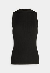 Top noir en maille côtelée sans manches avec col montant et silhouette ajustée sur fond blanc.