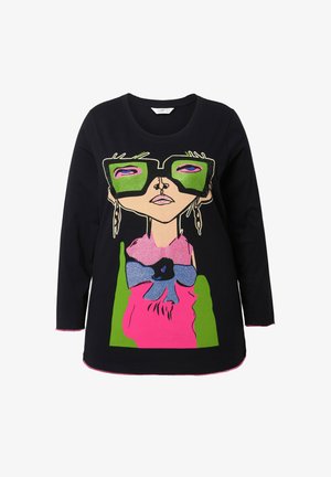 T-shirt noir à manches longues avec un design graphique représentant un personnage portant des lunettes vertes, des accents roses et un nœud bleu.