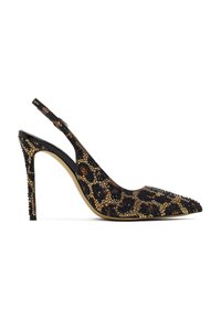 Schwarz-goldene Slingback-High Heels mit spitzer Zehenpartie, verziert mit einem Leopardenmuster und Pailletten, ausgestattet mit einem schlanken Stiletto-Absatz.