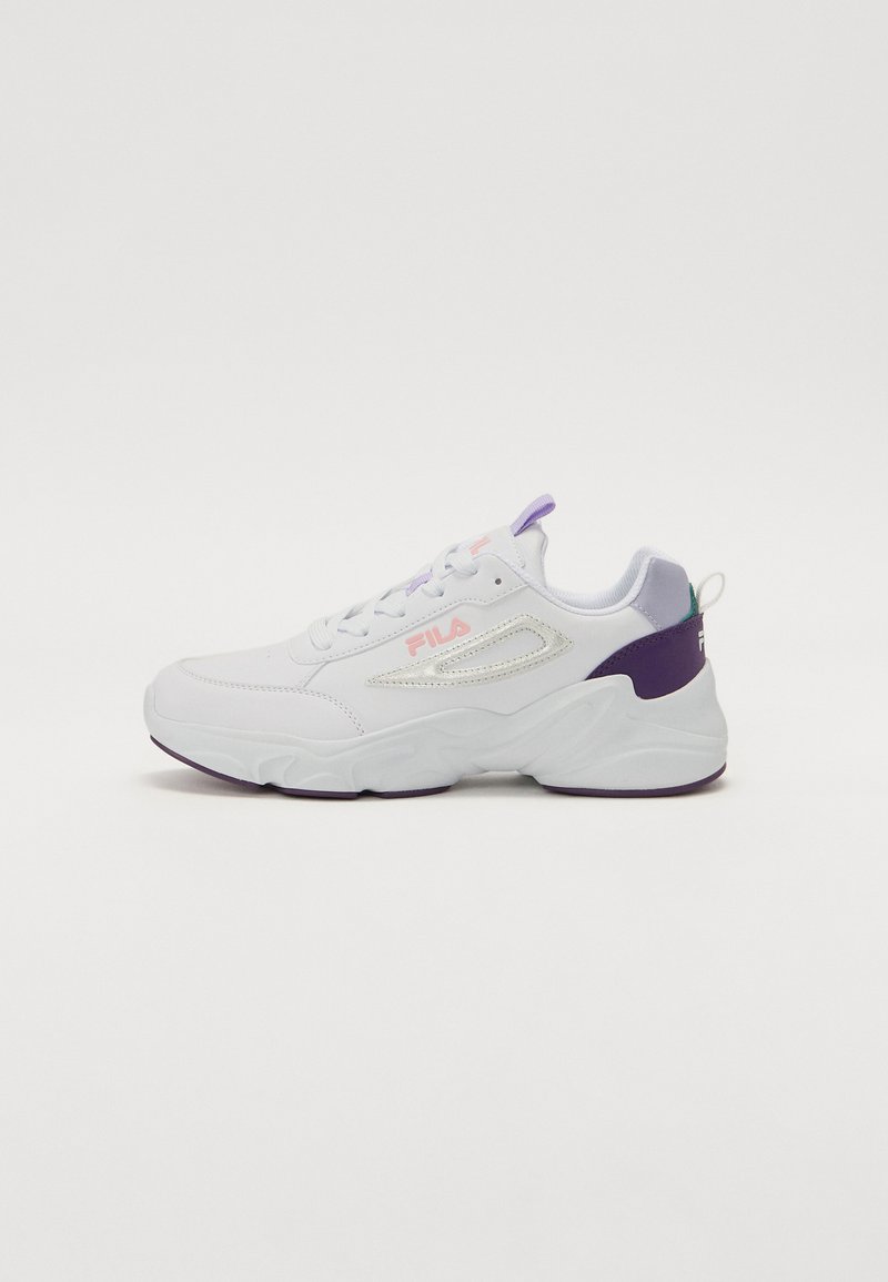 White athletic sneaker with purple and green accents, featuring a textured synthetic upper, padded collar, and laces. Brand logo displayed.
