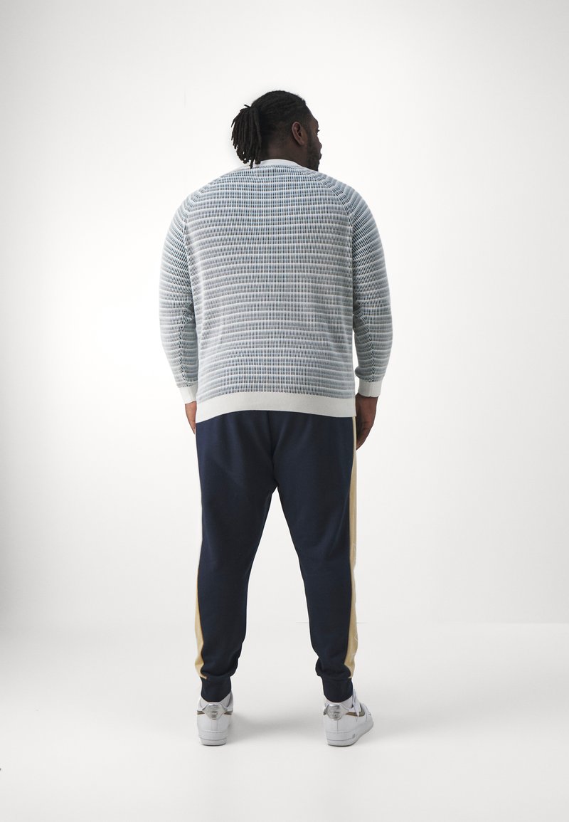 Pull en tricot rayé bleu clair et blanc, avec des poignets côtelés, associé à un pantalon de jogging bleu marine avec des rayures dorées sur le côté et des baskets blanches.