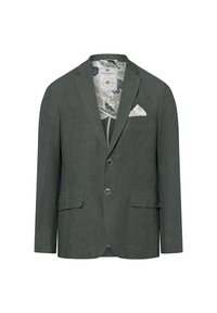 Donkergroene blazer van gestructureerde stof, met twee knopen, twee voorzakken en een gevoerde binnenkant met een patroon, inclusief een pochet.