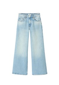 Jean large bleu clair, en denim, avec une taille haute, un design classique à cinq poches et des détails de décoloration subtils sur les jambes.