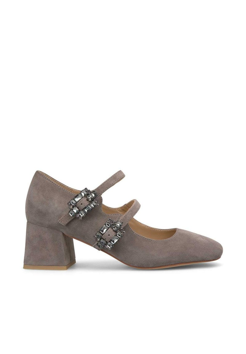 Scarpe Mary Jane in suede grigio con punta quadrata, tacco a blocco e due fibbie decorativa strap con embellishments.