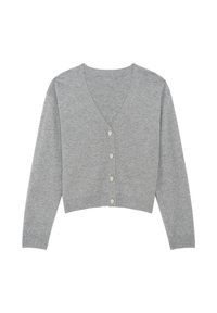 Cardigan grigio corto con scollo a V, maniche lunghe e cinque bottoni argento sulla parte anteriore. Texture in maglia morbida, vestibilità casual.