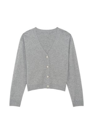 Grauer, taillierter Cardigan mit V-Ausschnitt, langen Ärmeln und fünf Knöpfen in Silber-Optik auf der Vorderseite. Weiche Stricktextur, lässige Passform.