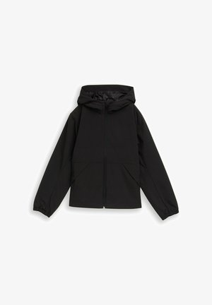 Veste noire à capuche avec fermeture éclair devant, poignets élastiques et poches avant inclinées, présentée à plat sur fond blanc.