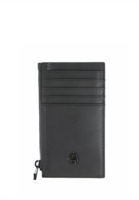 Portefeuille en cuir noir à surface texturée, avec plusieurs emplacements pour cartes, une poche zippée, et un petit logo embossé sur le bas de la face avant.