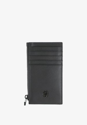 Portefeuille en cuir noir à surface texturée, avec plusieurs emplacements pour cartes, une poche zippée, et un petit logo embossé sur le bas de la face avant.