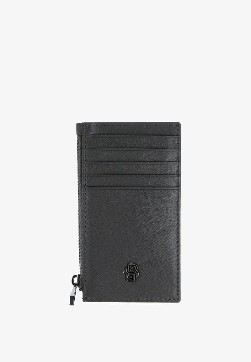 Portefeuille en cuir noir à surface texturée, avec plusieurs emplacements pour cartes, une poche zippée, et un petit logo embossé sur le bas de la face avant.