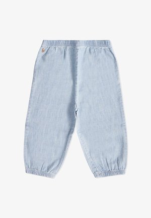 Pantaloni in denim azzurro chiaro con vita elastica, polsini arricciati e una vestibilità casual. Texture liscia con lievi dettagli di lavaggio.