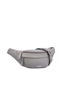 Marsupio in pelle grigia con cinturino regolabile, due scomparti con cerniera e logo "Gusti Leder studio" sulla parte anteriore.