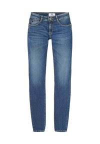 Jeans skinny in denim blu medio. Presenta un design a cinque tasche, bottone anteriore e chiusura con zip. Texture vissuta con leggeri sbiadimenti.