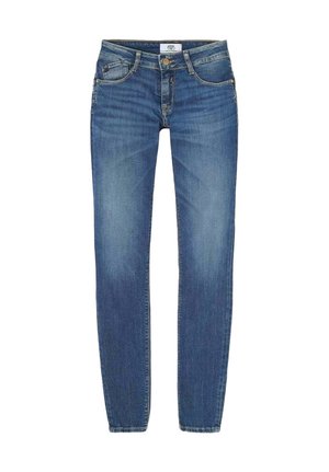 Jeans skinny in denim blu medio. Presenta un design a cinque tasche, bottone anteriore e chiusura con zip. Texture vissuta con leggeri sbiadimenti.