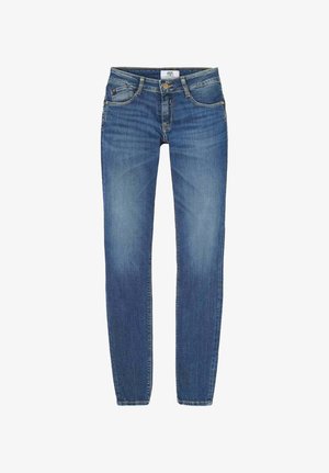 Skinny jeans in medium blue denim. Features five-pocket design, front button, and zipper fly. Distressed texture with subtle fading.