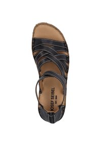 Schwarze Leder-Sandale mit mehreren überkreuzten Riemen, kontrastierendem weißen Nähte und einem gepolsterten, beige Fußbett. Mit einem Reißverschluss.