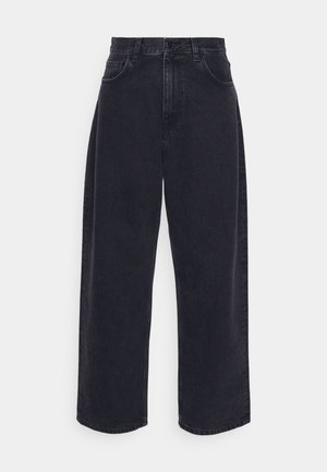 Black high-waisted wide-leg jeans made of denim, featuring five pockets, a button closure, and subtle stitching details.