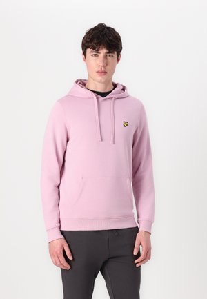 Hooded sweatshirt in light pink with a front pocket, featuring a small yellow butterfly logo on the chest and ribbed cuffs.