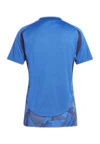 Korte mouwen sportshirt in helderblauw met donkerblauwe accenten en geometrische patronen aan de zijkanten, gemaakt van lichtgewicht, ademend materiaal.