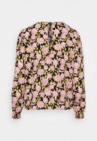 Schwarze Bluse mit pinkem Blumenmuster und grünen Blättern, Rundhalsausschnitt, langen Ärmeln und gerafften Manschetten. Der Rücken hat eine kleine Schlüsselöffnung.