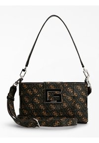Svart och brun Guess-väskan med monogrammönster, rektangulär form, kort handtag och avtagbar axelrem. Utrustad med silverfärgad metall.