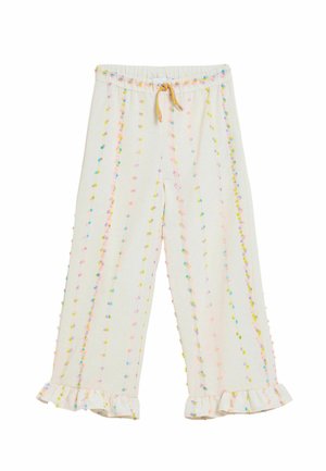 Pantaloni bianchi a gamba larga con righe verticali di pon pon pastello, vita elastica con coulisse gialla e orli arricciati.