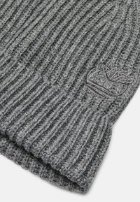 Szary, dziany beret o prążkowanej fakturze. Posiada wyraźne, haftowane logo na mankiecie. Materiał wydaje się gruby i przytulny.