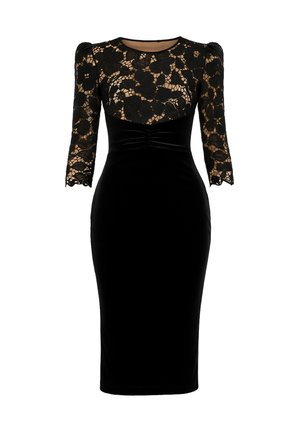 Úzké černé midi šaty s květinovou krajkovou tělesnou a rukávy, průhlednou krajkovou horní částí hrudi a nařaseným detailem v pase.