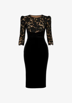 Getailleerde zwarte midi-jurk met bloemenkant voorpand en mouwen, doorschijnende kant bij de bovenborst en geraffineerde taille-details.