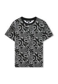 T-shirt noir avec un motif géométrique blanc comprenant des formes et des lignes angulaires. Col rond et design à manches courtes.