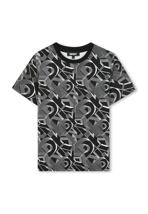 Zwarte T-shirt met een geometrisch wit patroon met hoekige vormen en lijnen. Ronde halslijn en ontwerp met korte mouwen.
