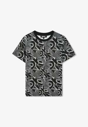 Zwarte T-shirt met een geometrisch wit patroon met hoekige vormen en lijnen. Ronde halslijn en ontwerp met korte mouwen.