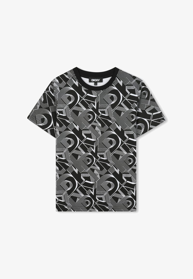 T-shirt noir avec un motif géométrique blanc comprenant des formes et des lignes angulaires. Col rond et design à manches courtes.